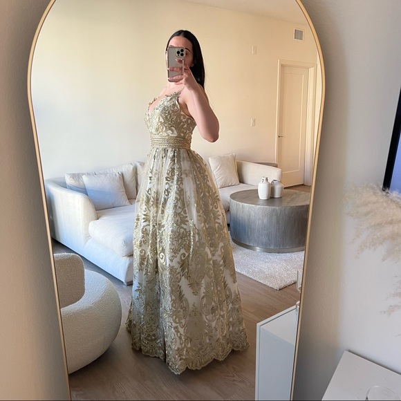 Gold Embroidered Tulle Evening Gown Dress - Picture 5 of 9
